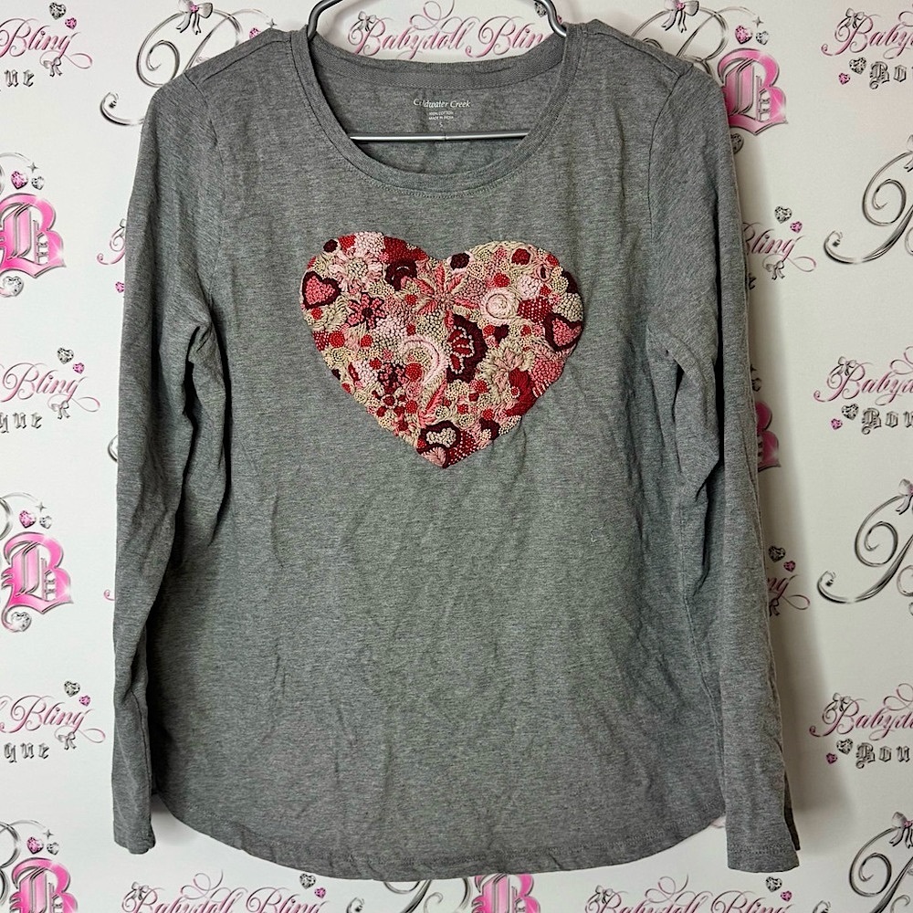 Coldwater Creek Gray Top with Embroidered Heart patch work heart crochet